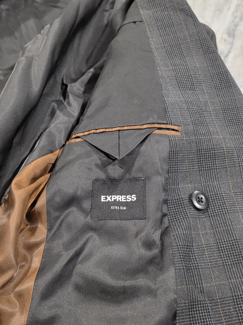 38S Men's Express Double Breasted Blazer Extra Slim Gray Tartan Plaid Sport Coat